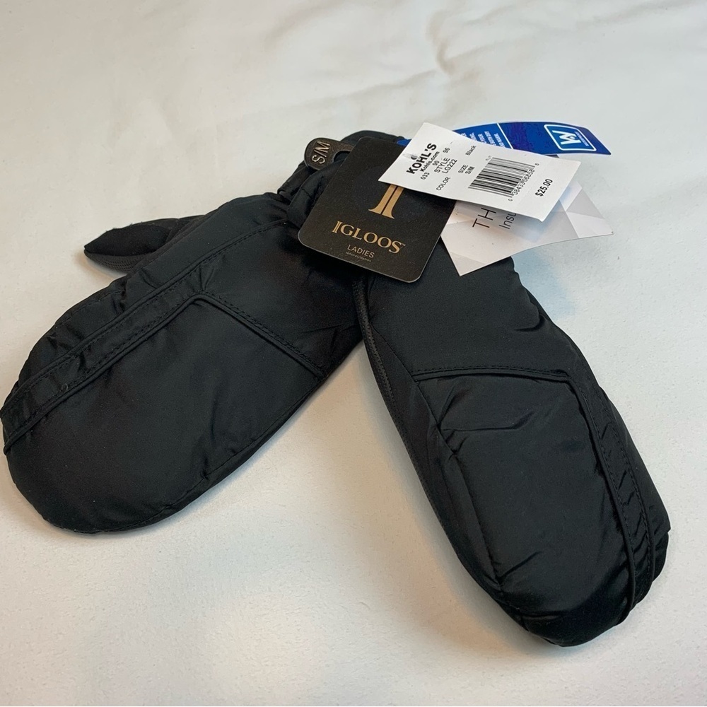 Kohls Igloos Ladies Waterproof 3M Ski Snow Black Mittens- S/M